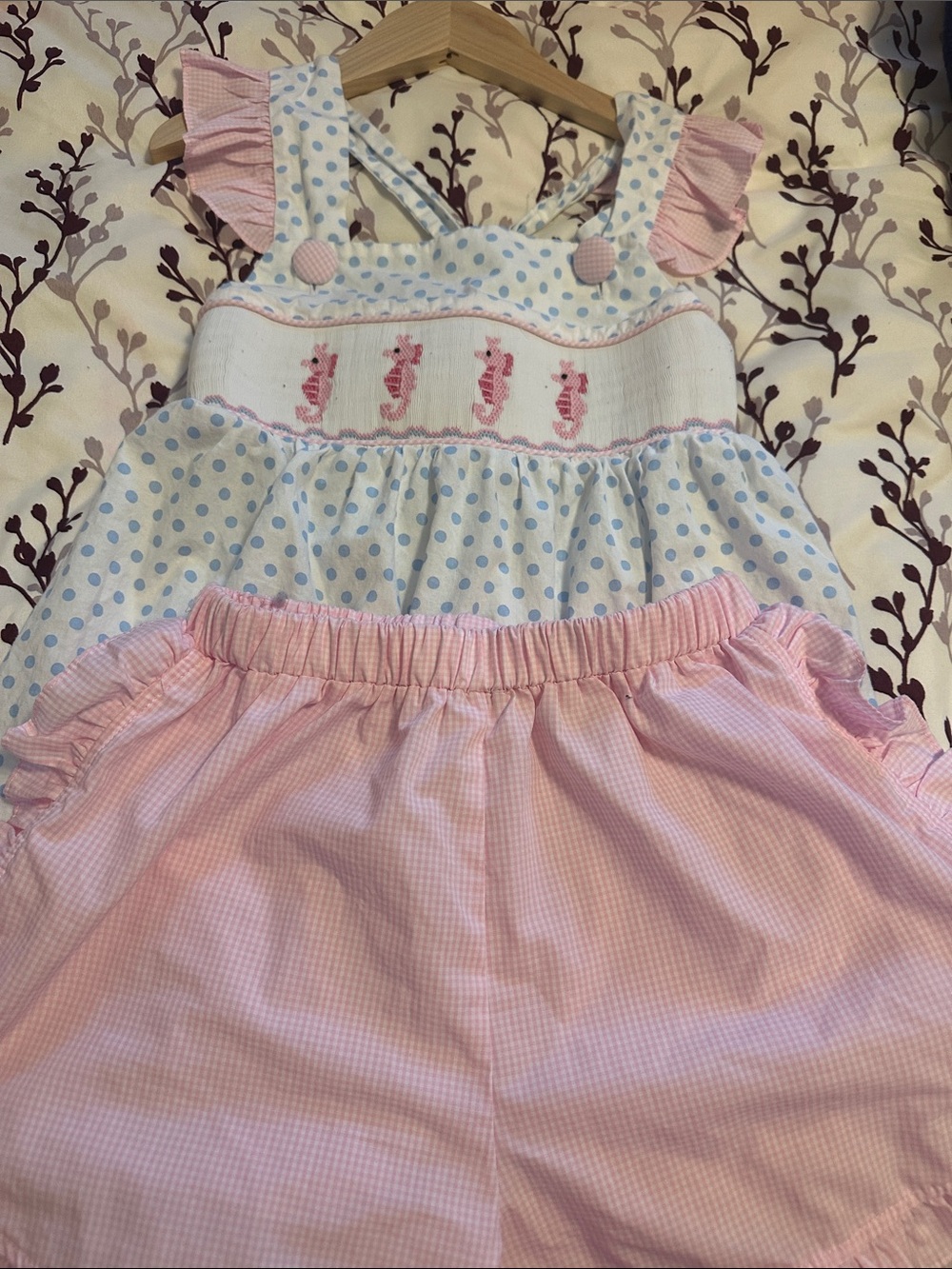 Girls' Pink & Light Blue  Matching Set with Seahorse Smocking
